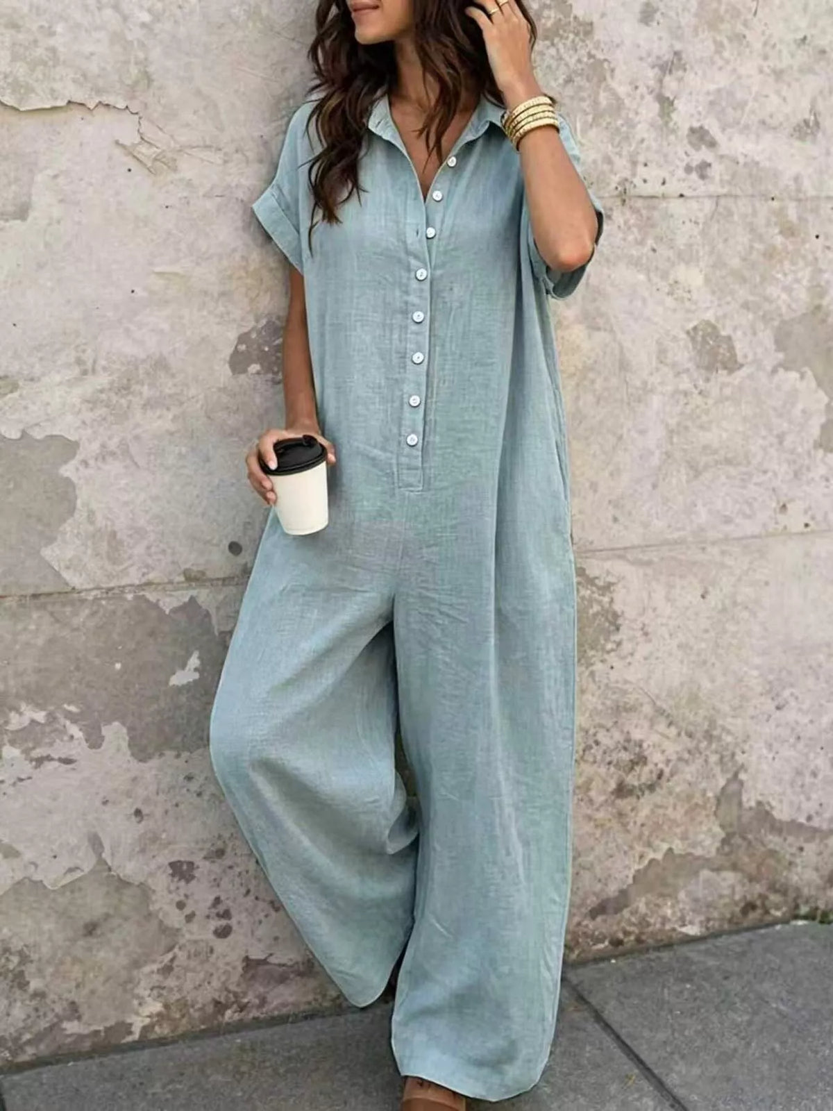Classic Button-Front Short Sleeve Jumpsuit