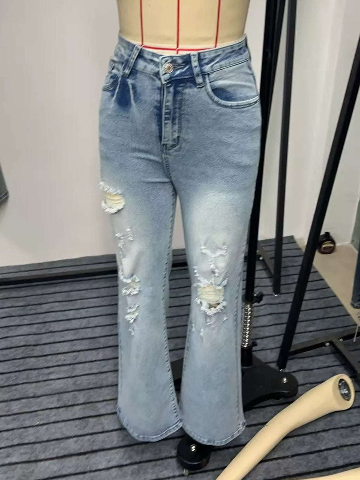 High-Waisted Distressed Wide-Leg Jeans in Peacock Blue