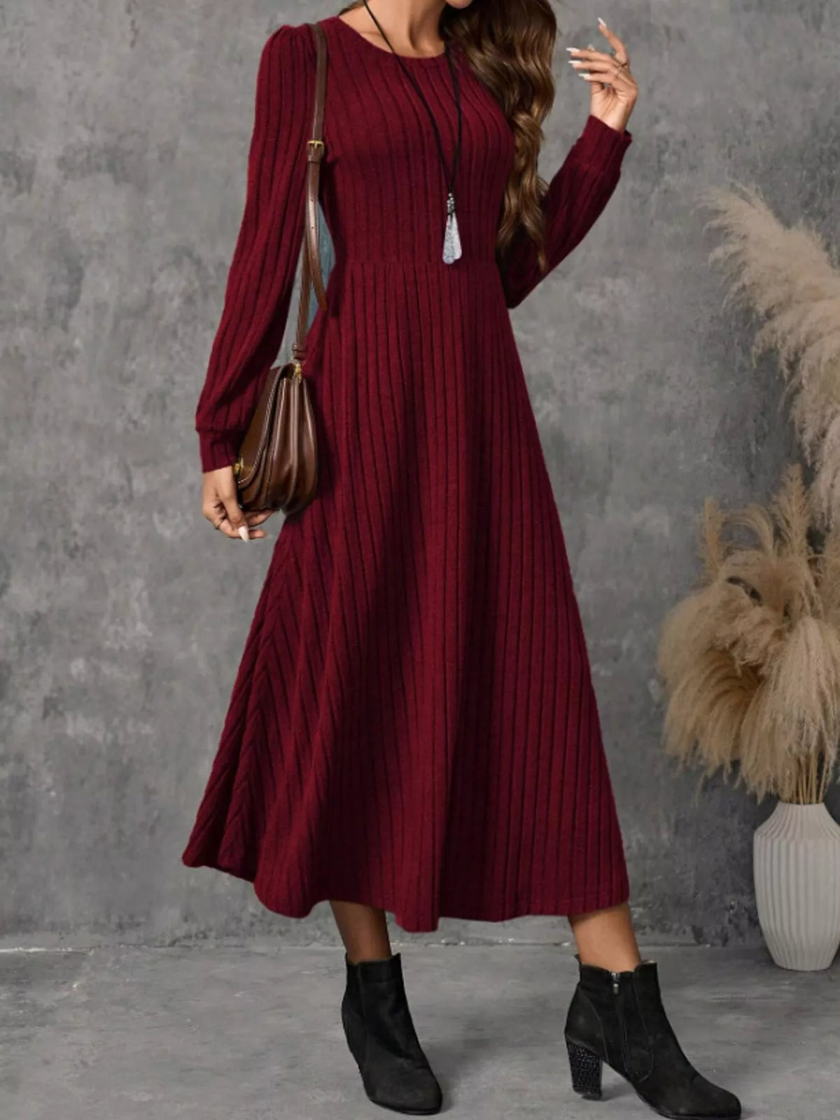 Ribbed Knit A-Line Midi Dress