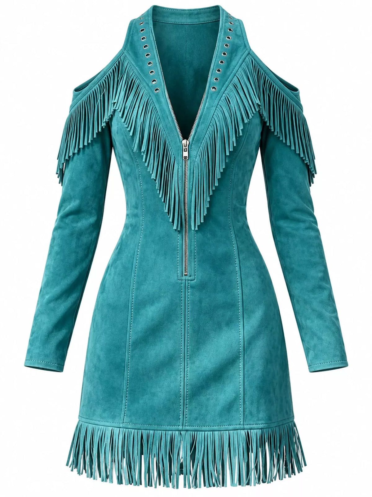 Fringed Cold-Shoulder Zip-Front Mini Dress
