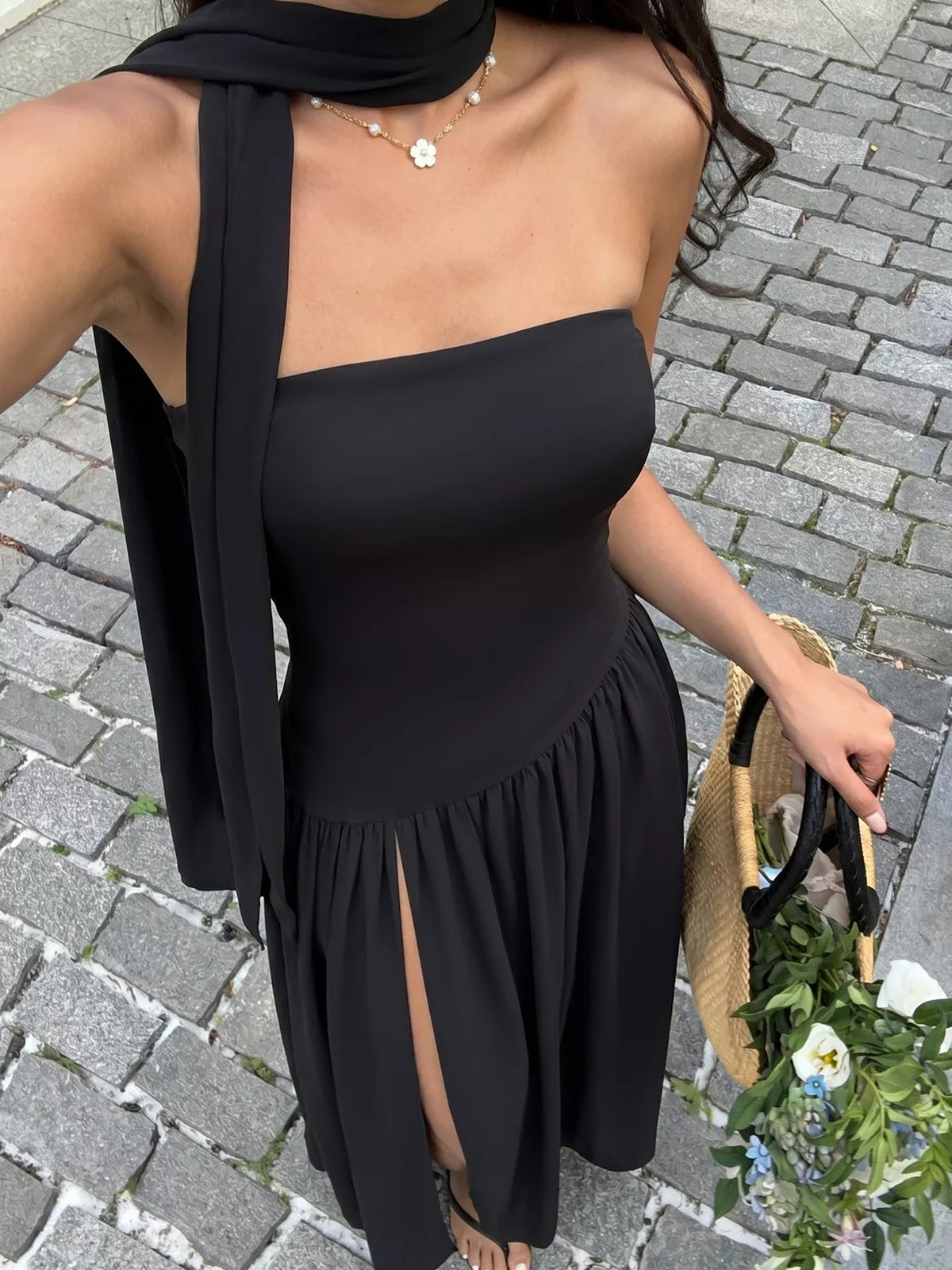 Slit Tube Maxi Dress with Scarf in Black