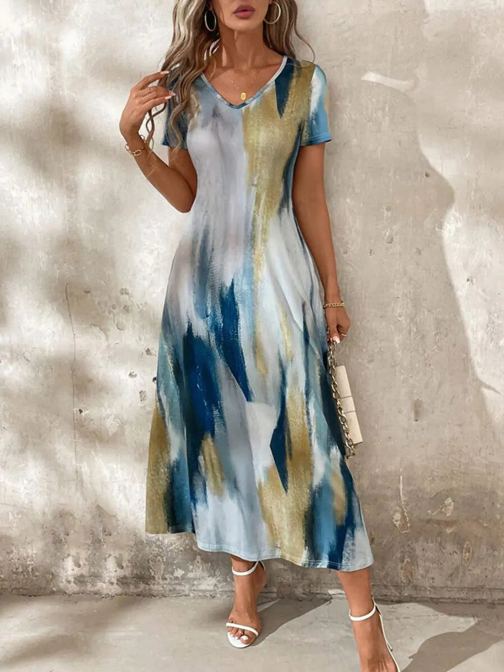Tie-Dye V-Neck Pocketed Midi Tee Dress by Sara Roman