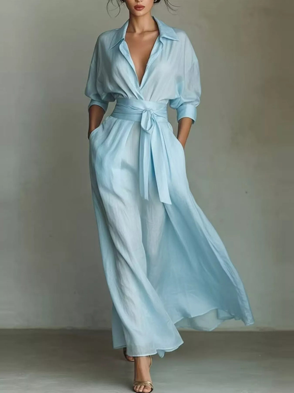 Shirt Maxi Dress with Waist-Defining Sash