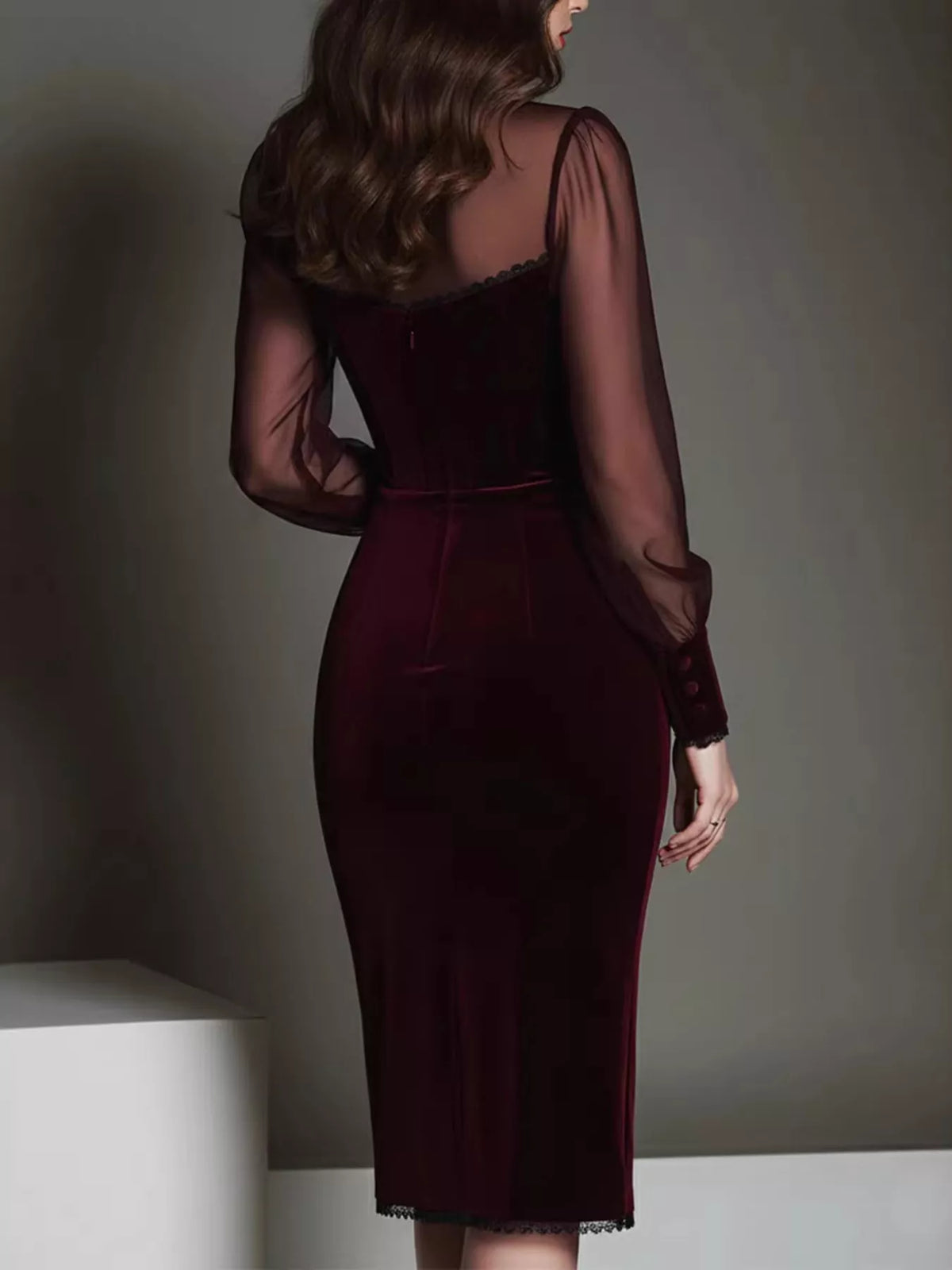 Velvet Bodycon Dress with Sheer Mesh Sleeves in Burgundy