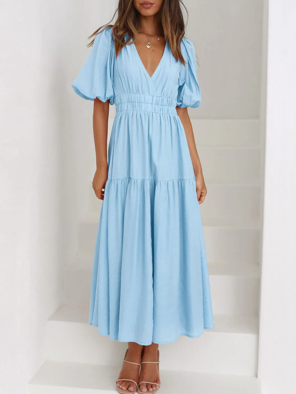 V-Neck Puff Sleeve Ruched Midi Dress