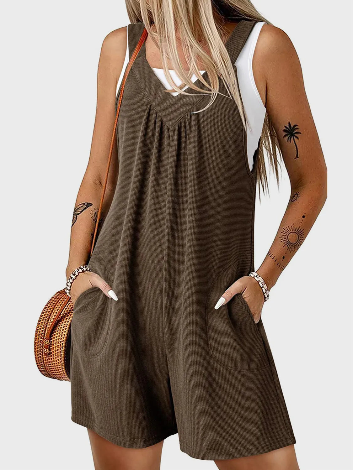 V-Neck Wide Strap Romper with Pockets