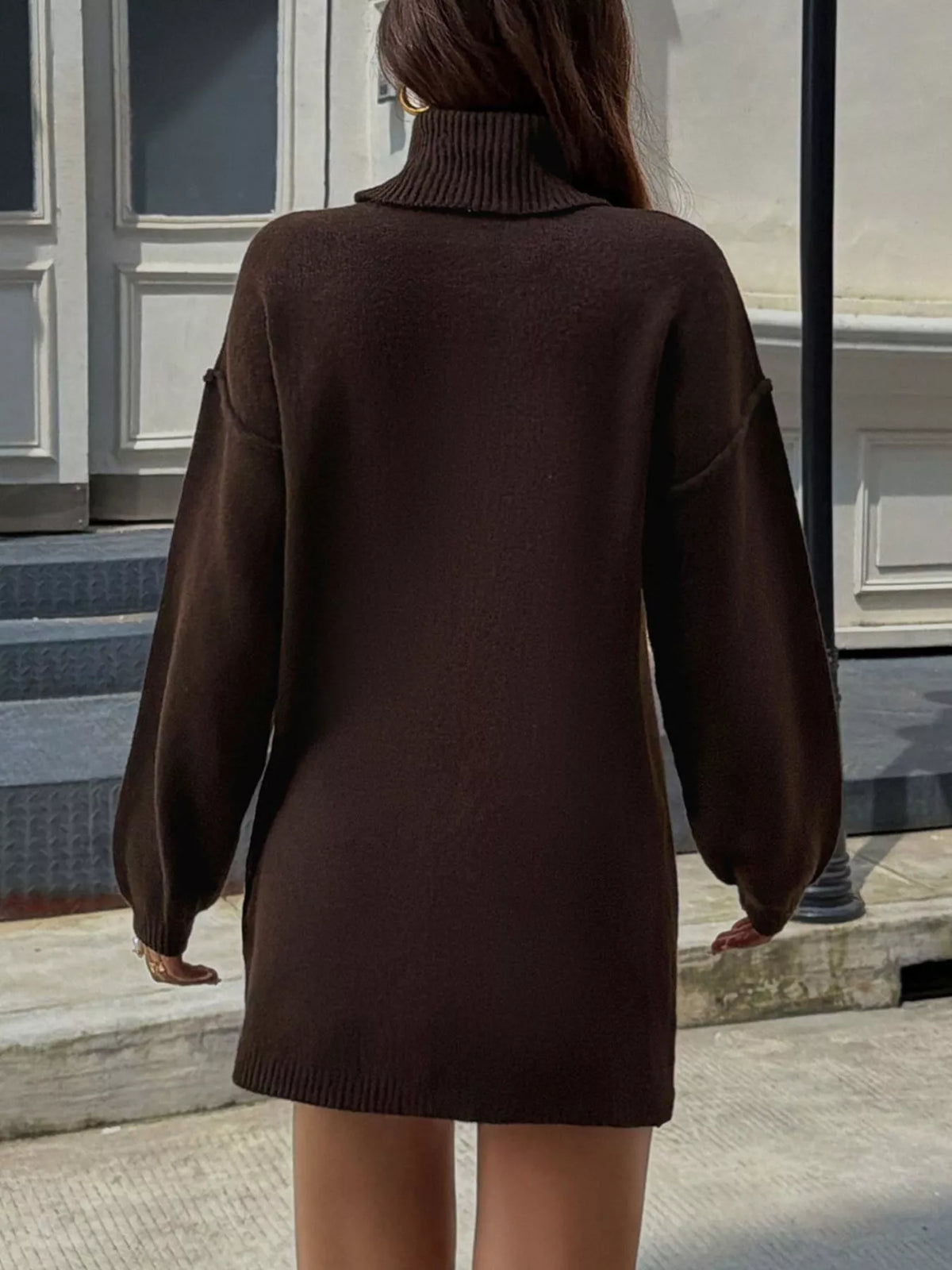 Turtleneck Long Sleeve Sweater Dress in Brown