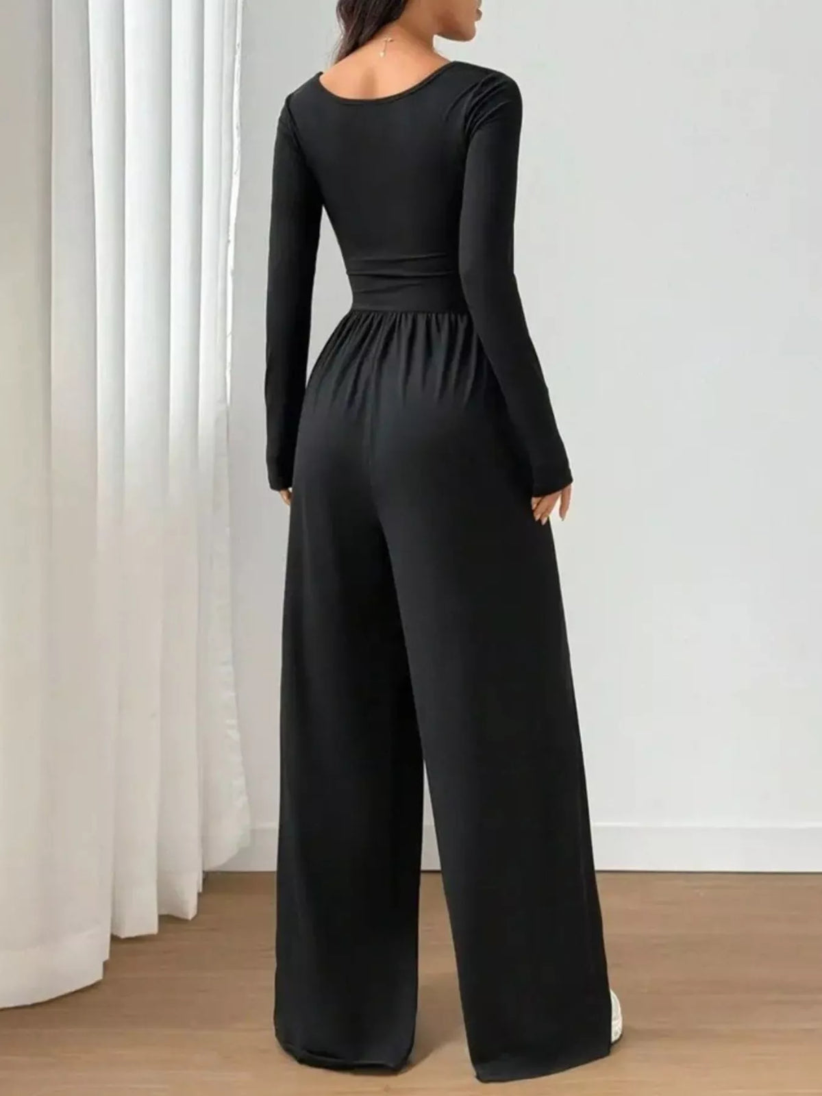 Scoop Neck Ruched Wide Leg Jumpsuit