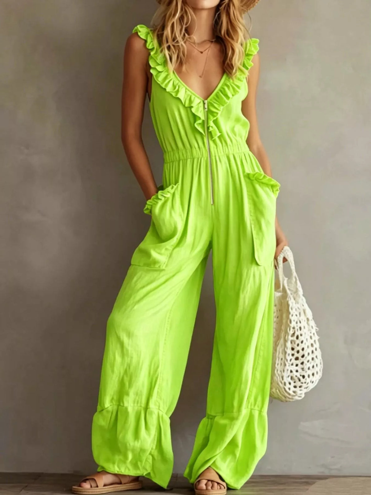 Ruffled V-Neck Jumpsuit with Pockets