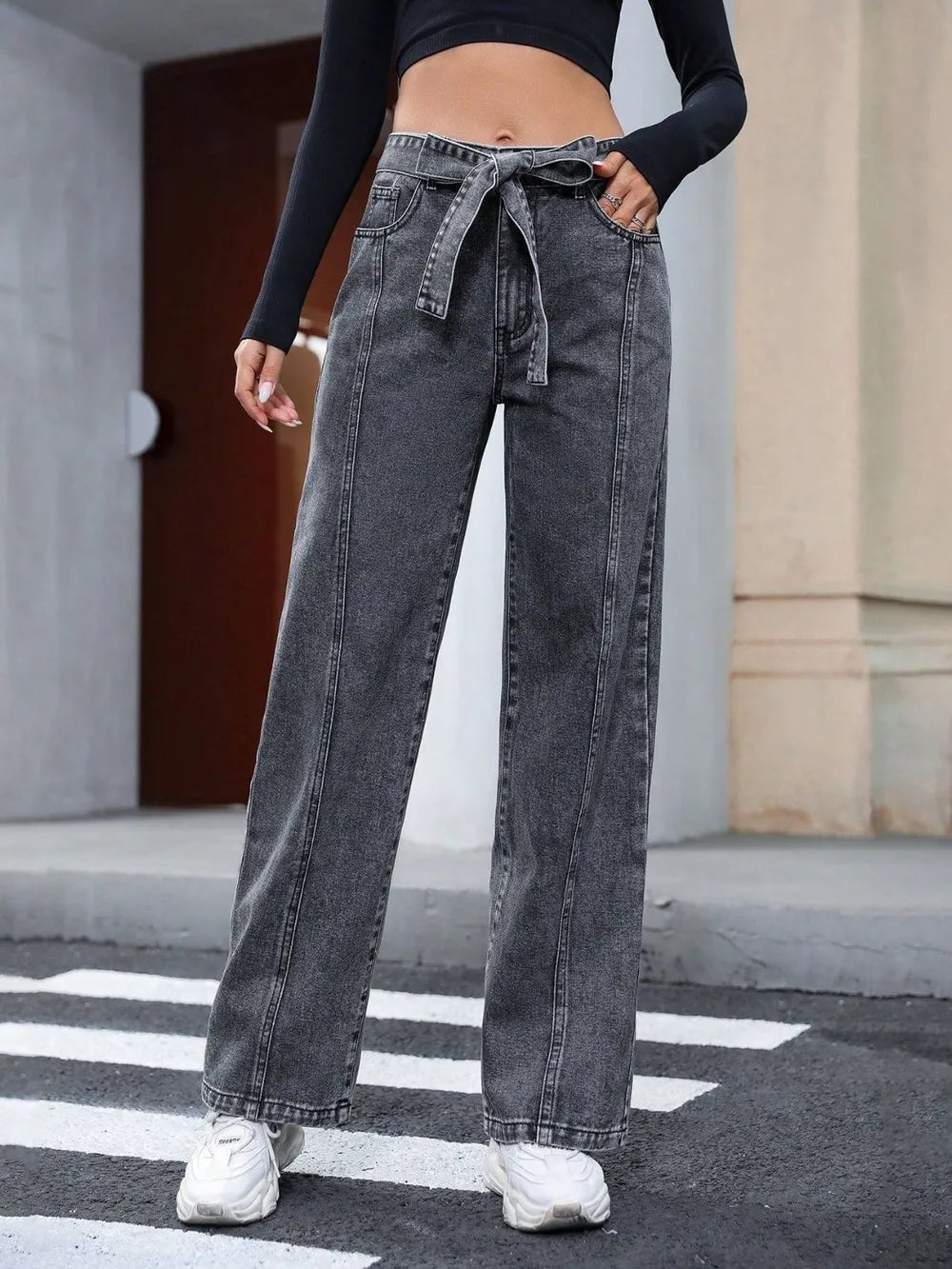 Tied Straight Leg Jeans with Pockets in Dark Gray