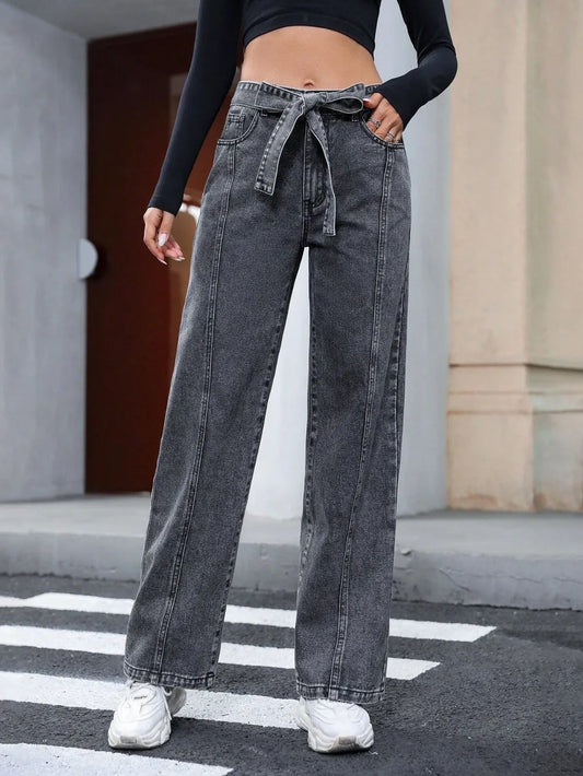 Tied Straight Leg Jeans with Pockets in Dark Gray