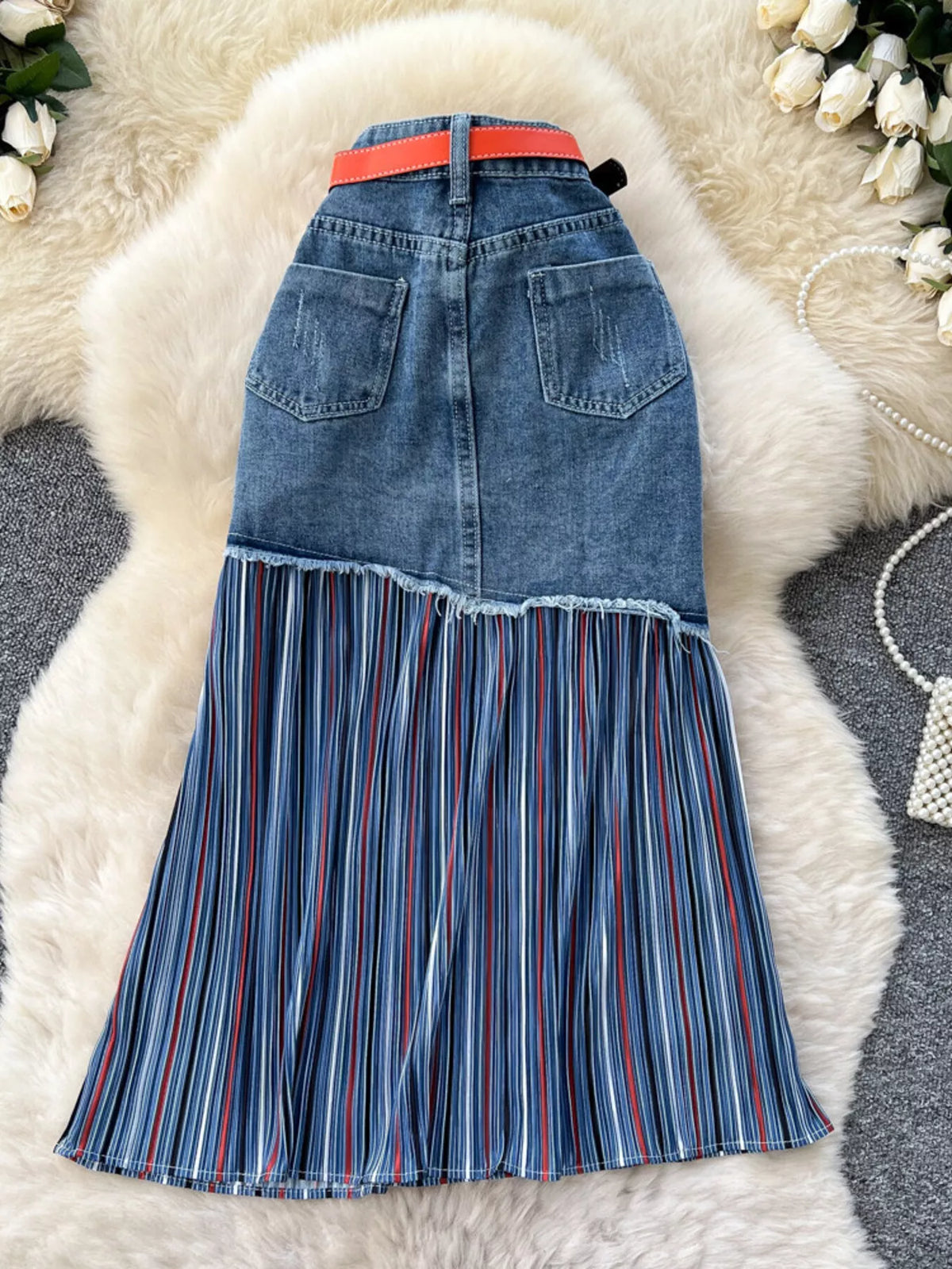 Striped Patchwork Denim Skirt in Blue
