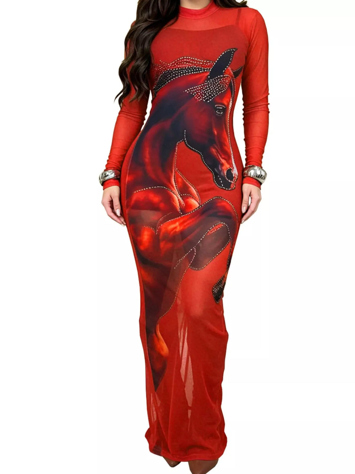 Cami & Rhinestone Mesh Maxi Dress Set in Red