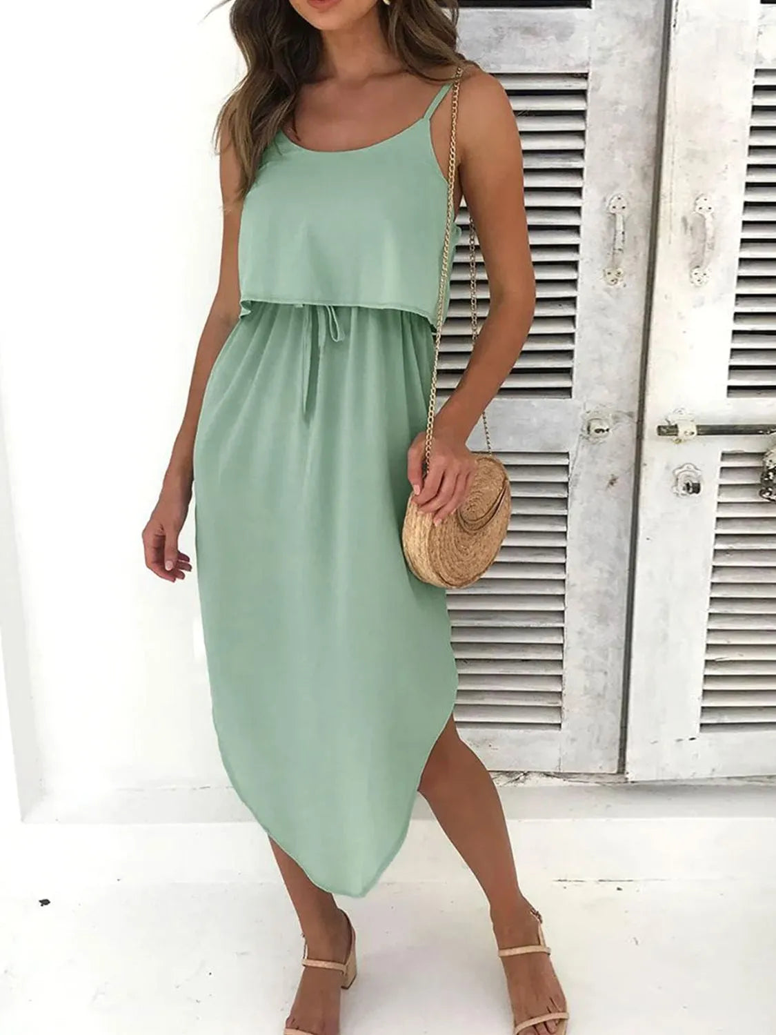 Tied Midi Cami Dress in Light Green