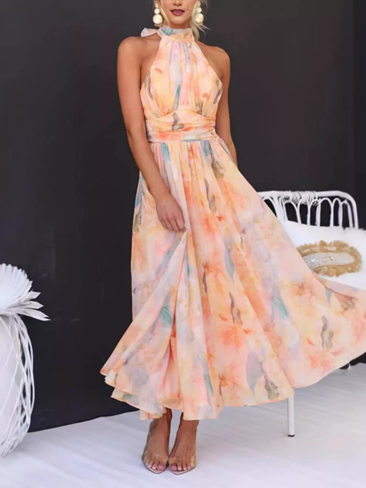 Ruched Halter Floral Maxi Dress in Sherbet