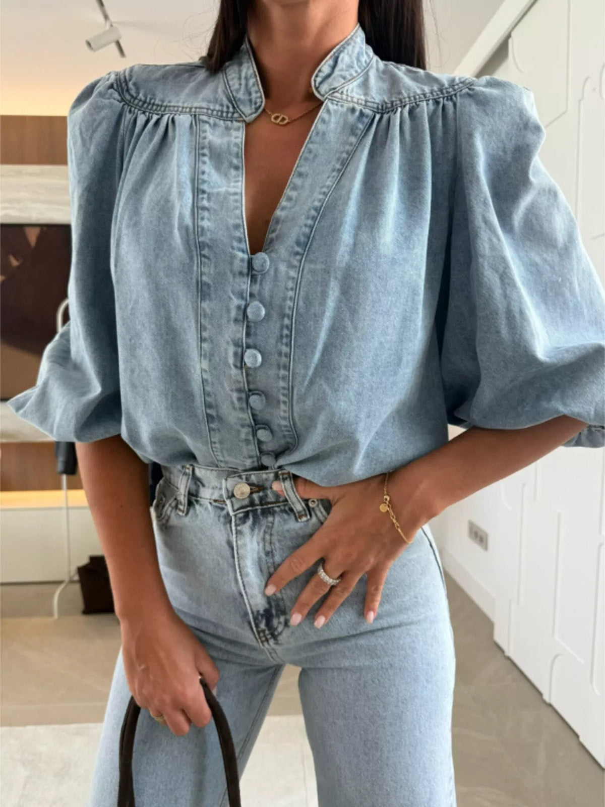 Puff Sleeve Button-Front Denim Top
