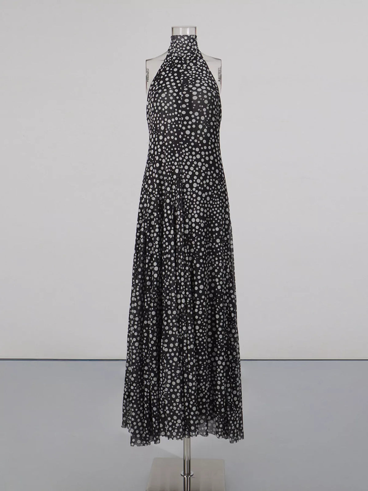 Halter Neck Polka Dot Maxi Dress in Black