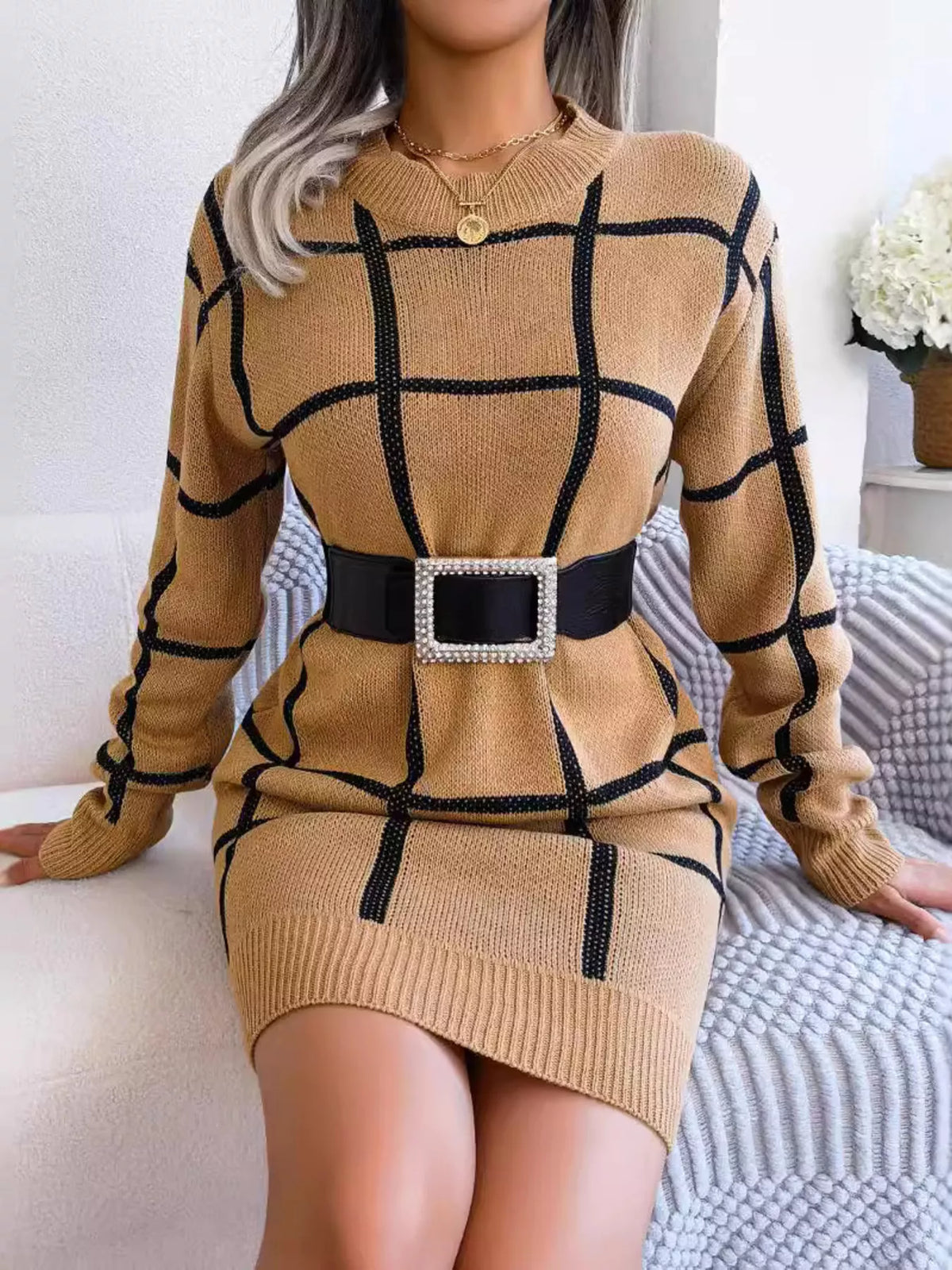Plaid Long Sleeve Sweater Dress by Clise