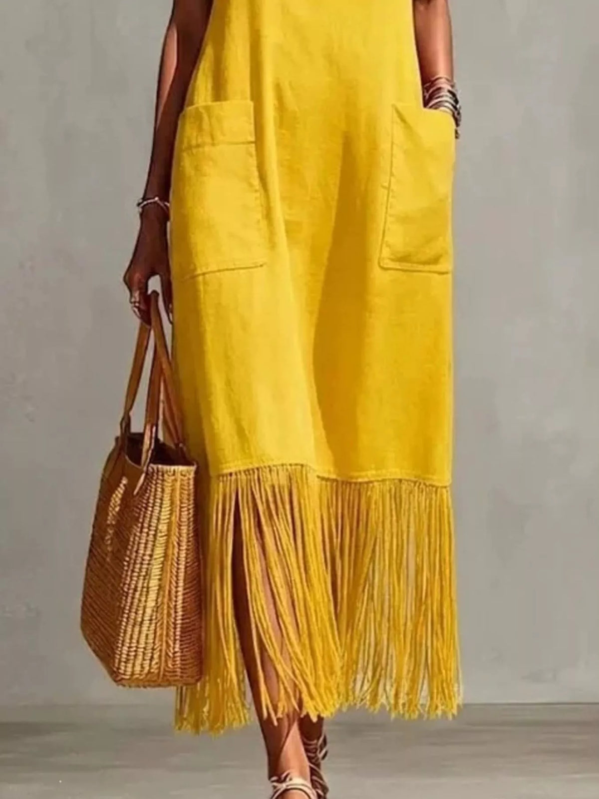 Fringe V-Neck Spaghetti Strap Dress in Blue