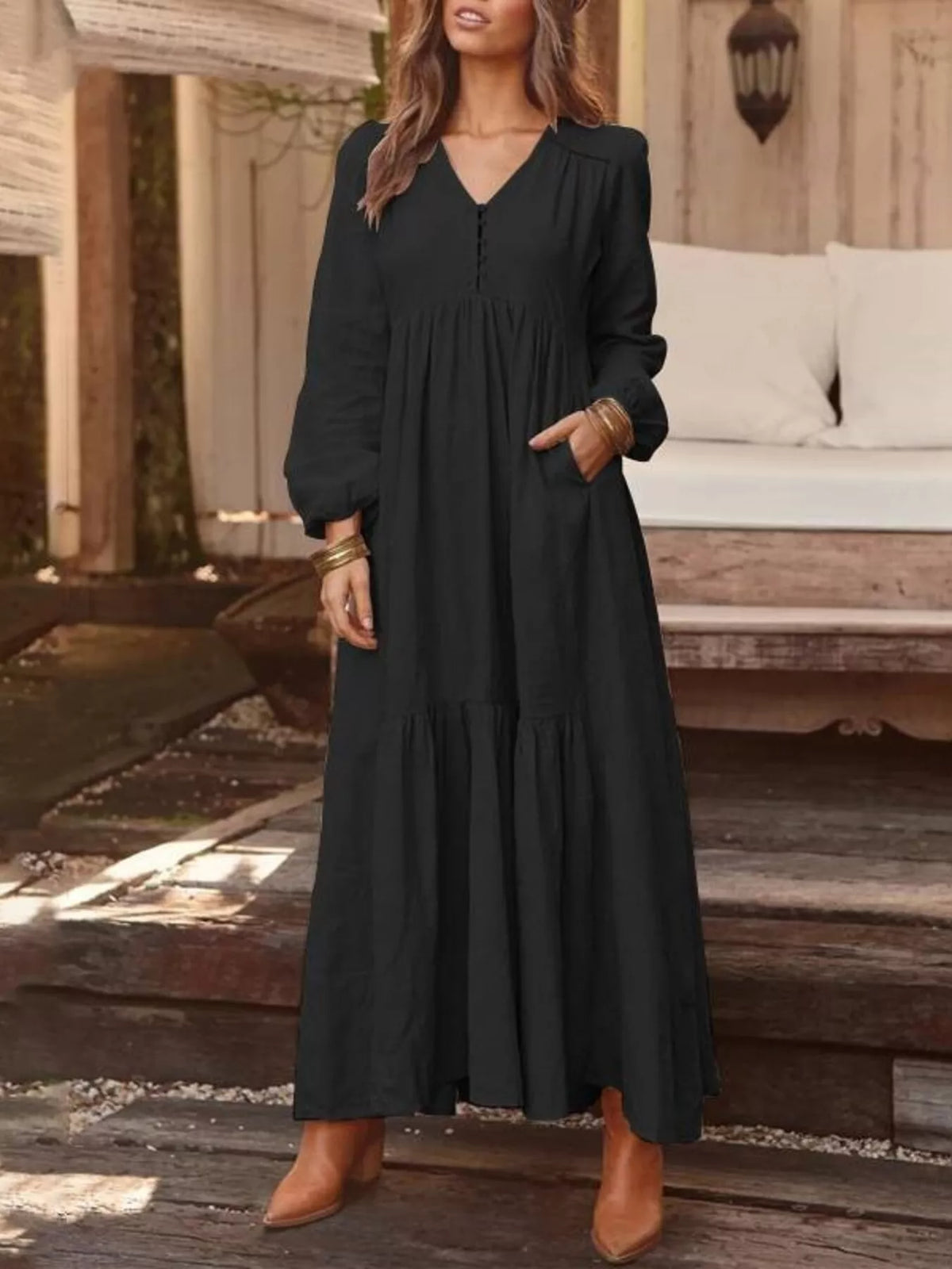 V-Neck Long Sleeve Tiered Maxi Dress with Pockets