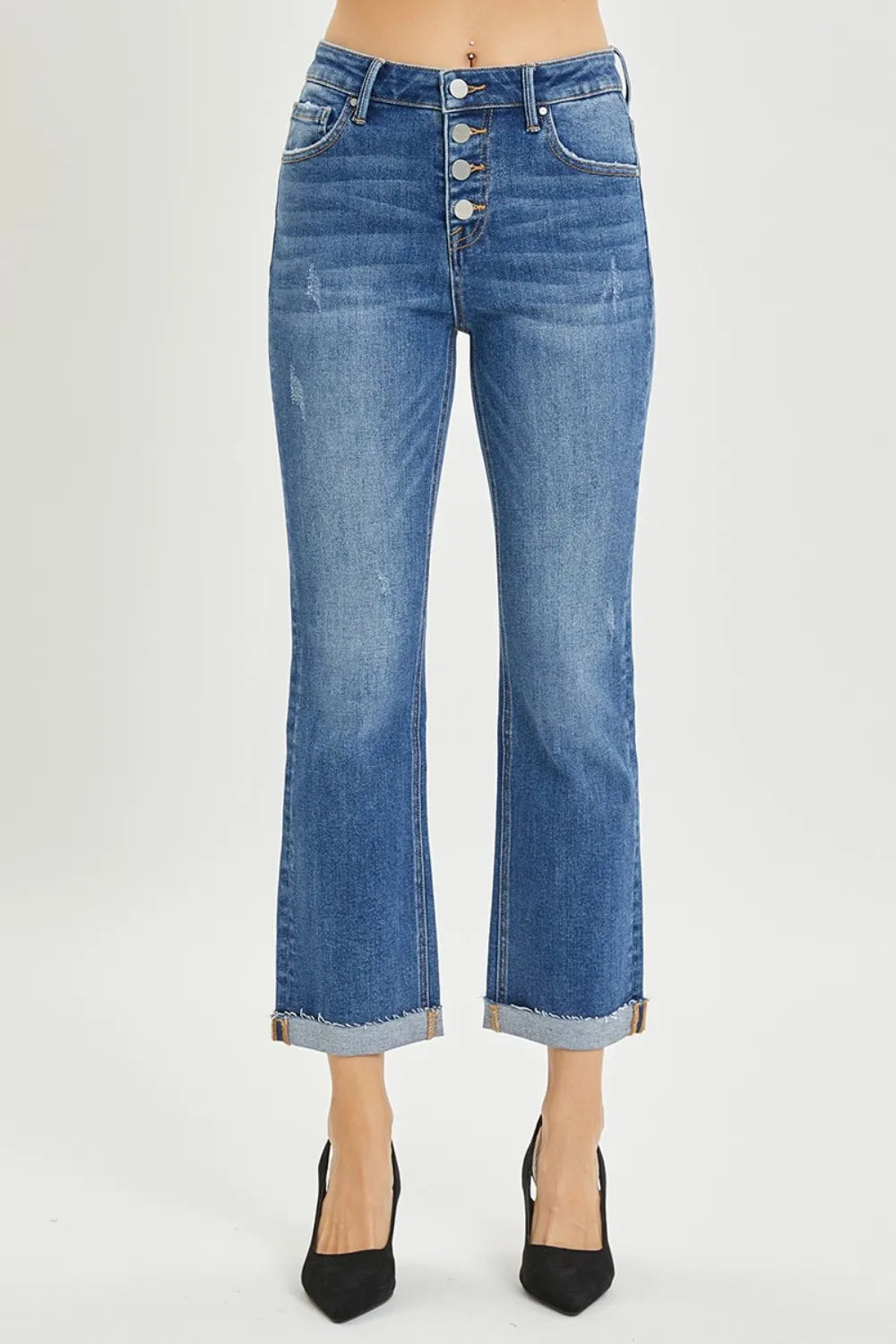 Risen Button Fly Cropped Bootcut Jeans in Dark Wash
