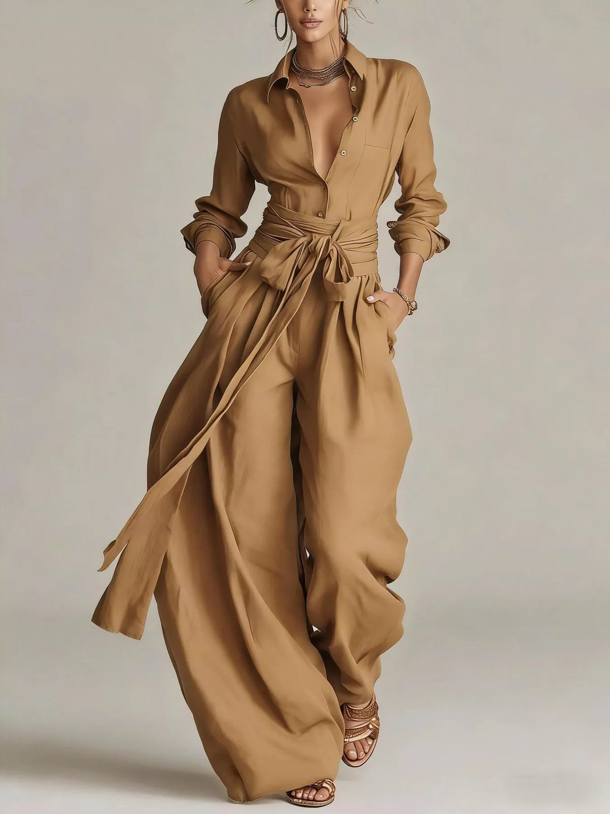 Long-Sleeve Button-Down Waist-Tie Jumpsuit