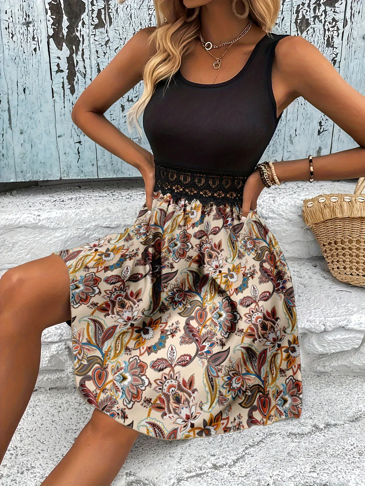 A-Line Tank Dress with Lace Waist Detail by Classic Comfort