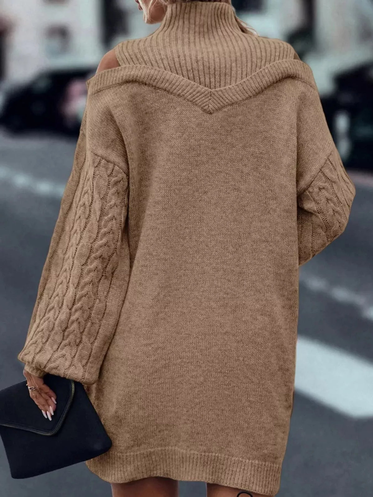 Cable-Knit Cold-Shoulder Mock-Neck Sweater Dress