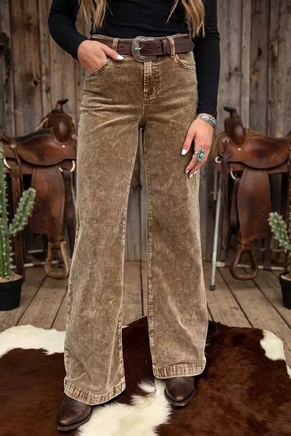 Corduroy Straight Leg Pants in Taupe