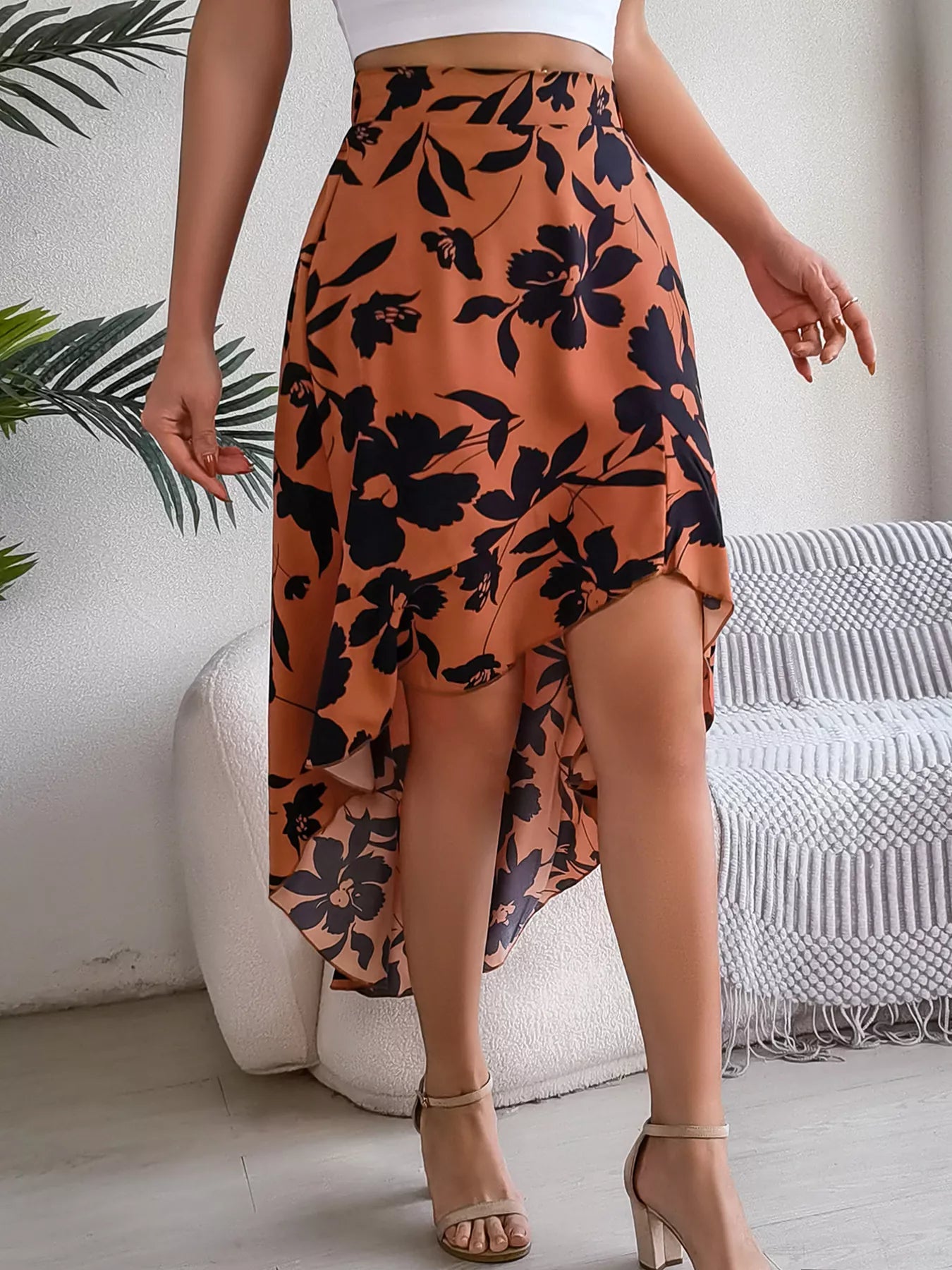 Floral Ruffle Hem Asymmetrical Skirt