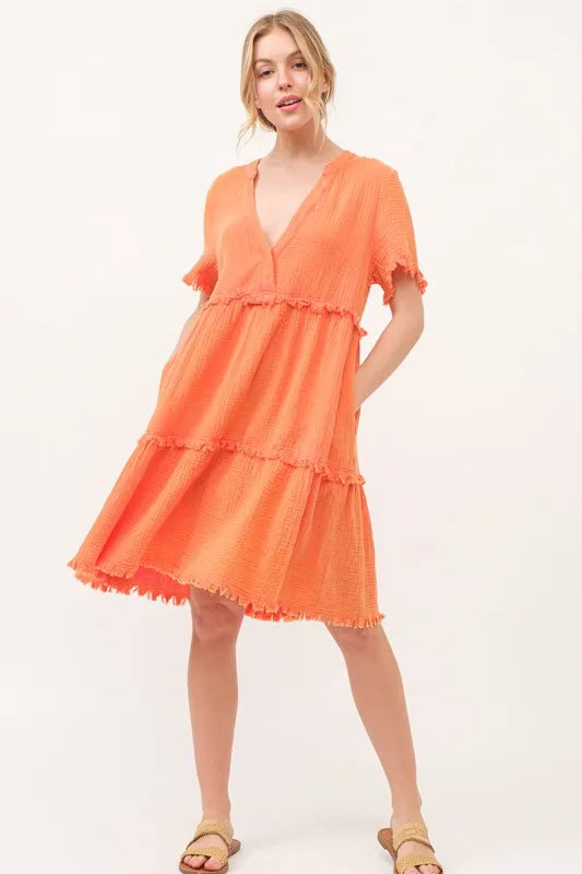 And The Why Washed Frayed Tiered Dress in Orange
