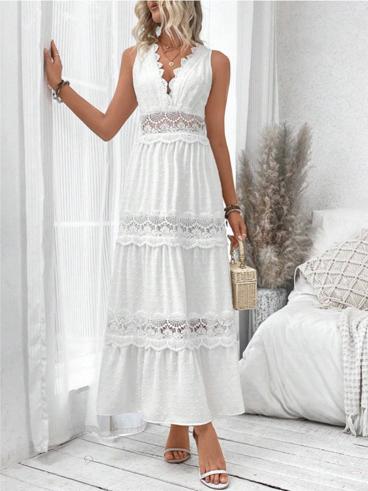 Lace Swiss Dot Sleeveless Maxi Dress in White
