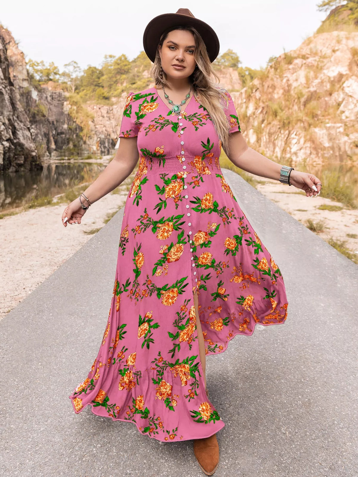 Floral V-Neck Maxi Dress in Fuchsia Pink
