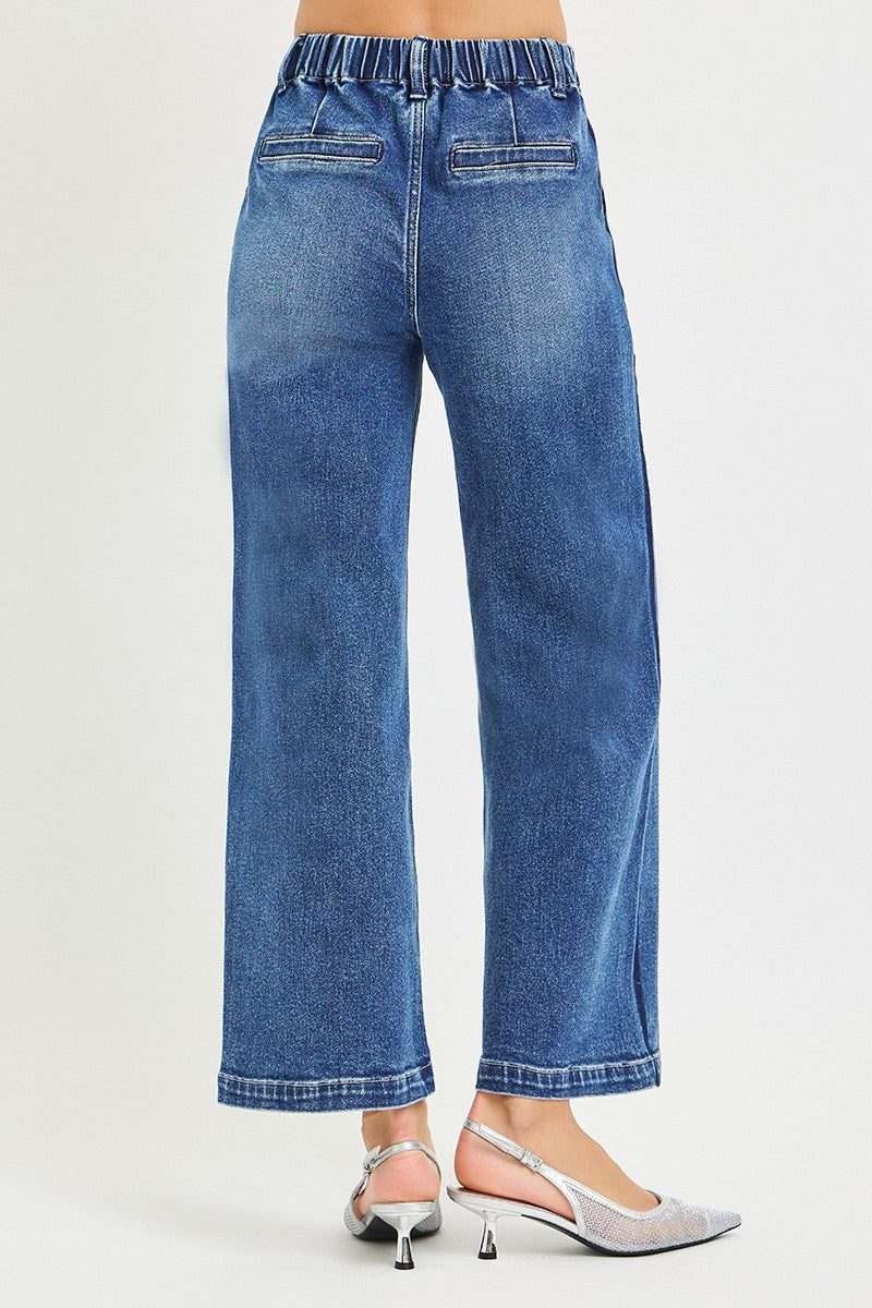 Risen Drawstring Cropped Wide Leg Jeans in Medium Wash