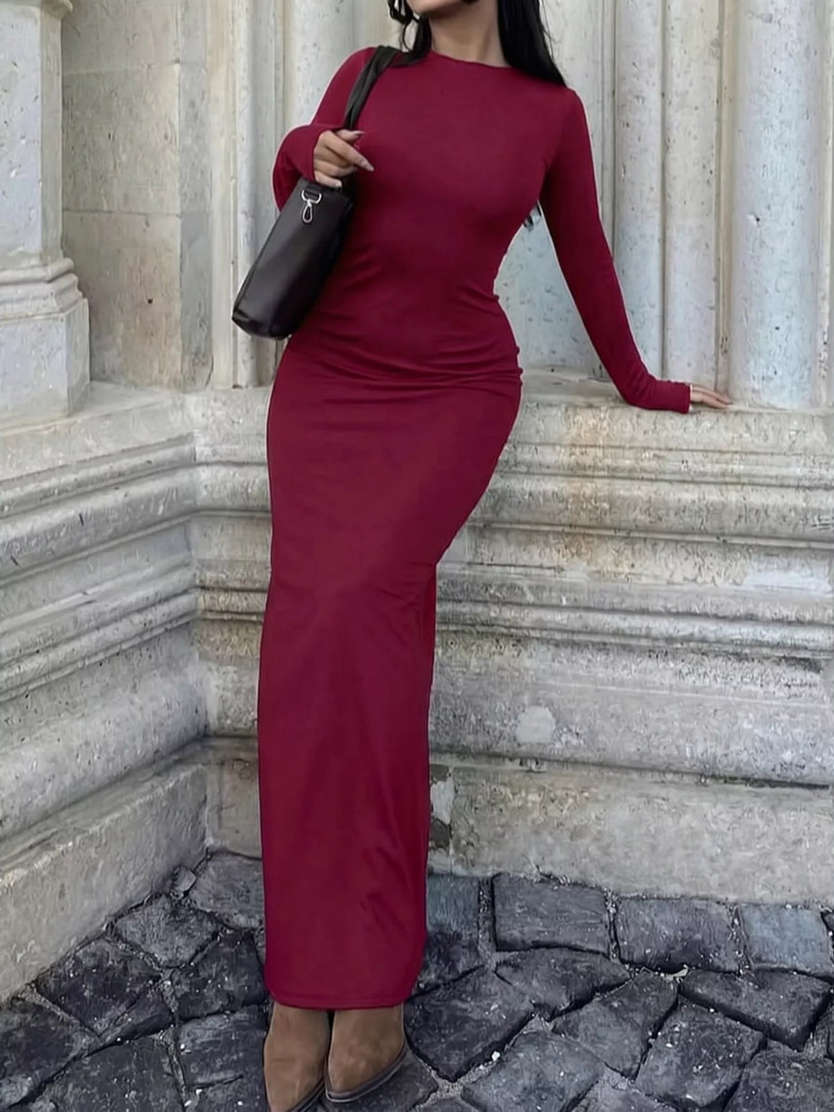 Long-Sleeve Bodycon Maxi Dress in Wine Red