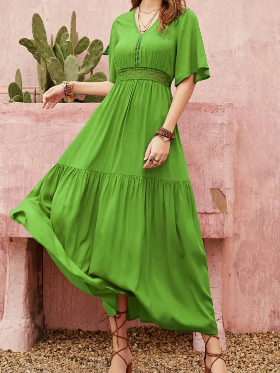 Lace Detail Tied V-Neck Dress in Green