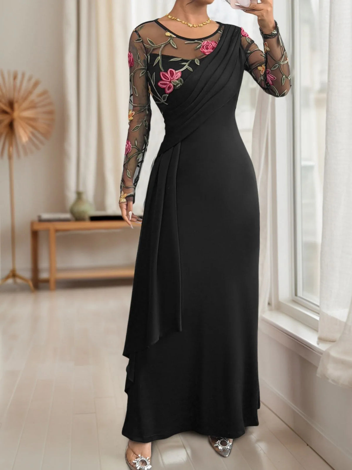 Floral Mesh Sleeve Ruched Maxi Dress in Black