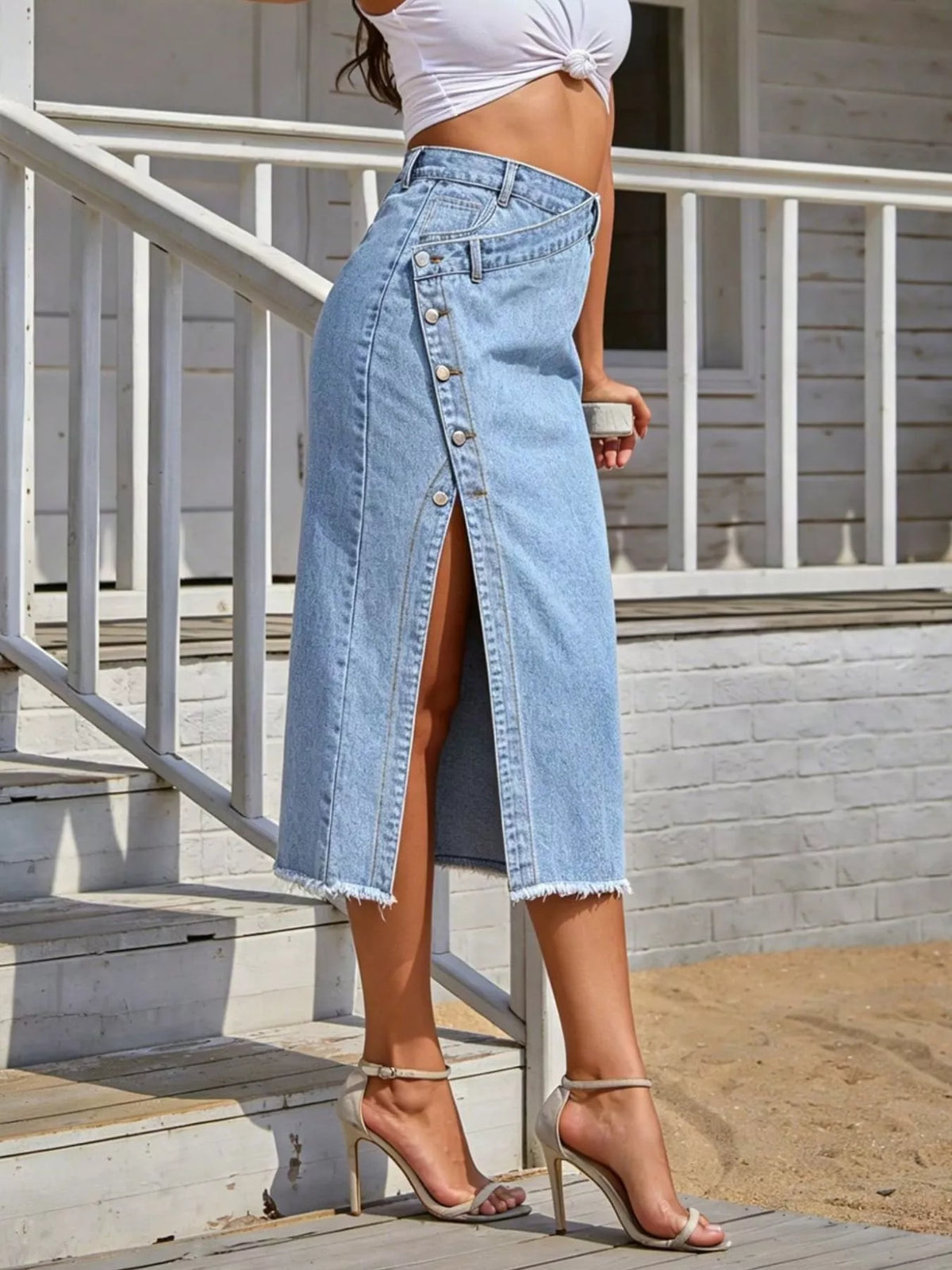 Asymmetric Raw-Hem Denim Midi Skirt in Blue