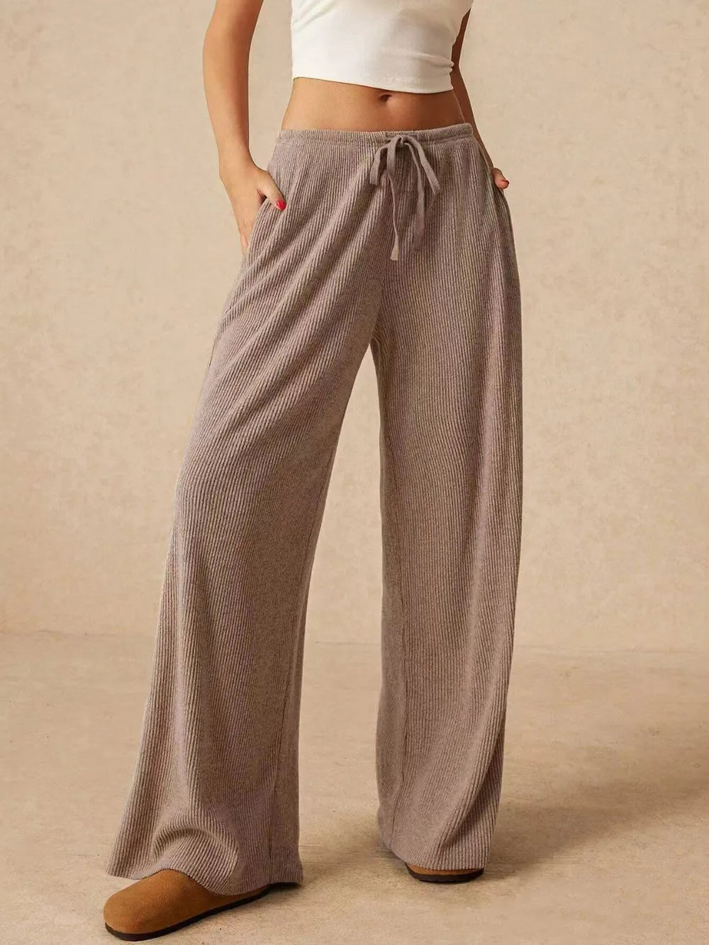 Ribbed Drawstring Wide-Leg Pants