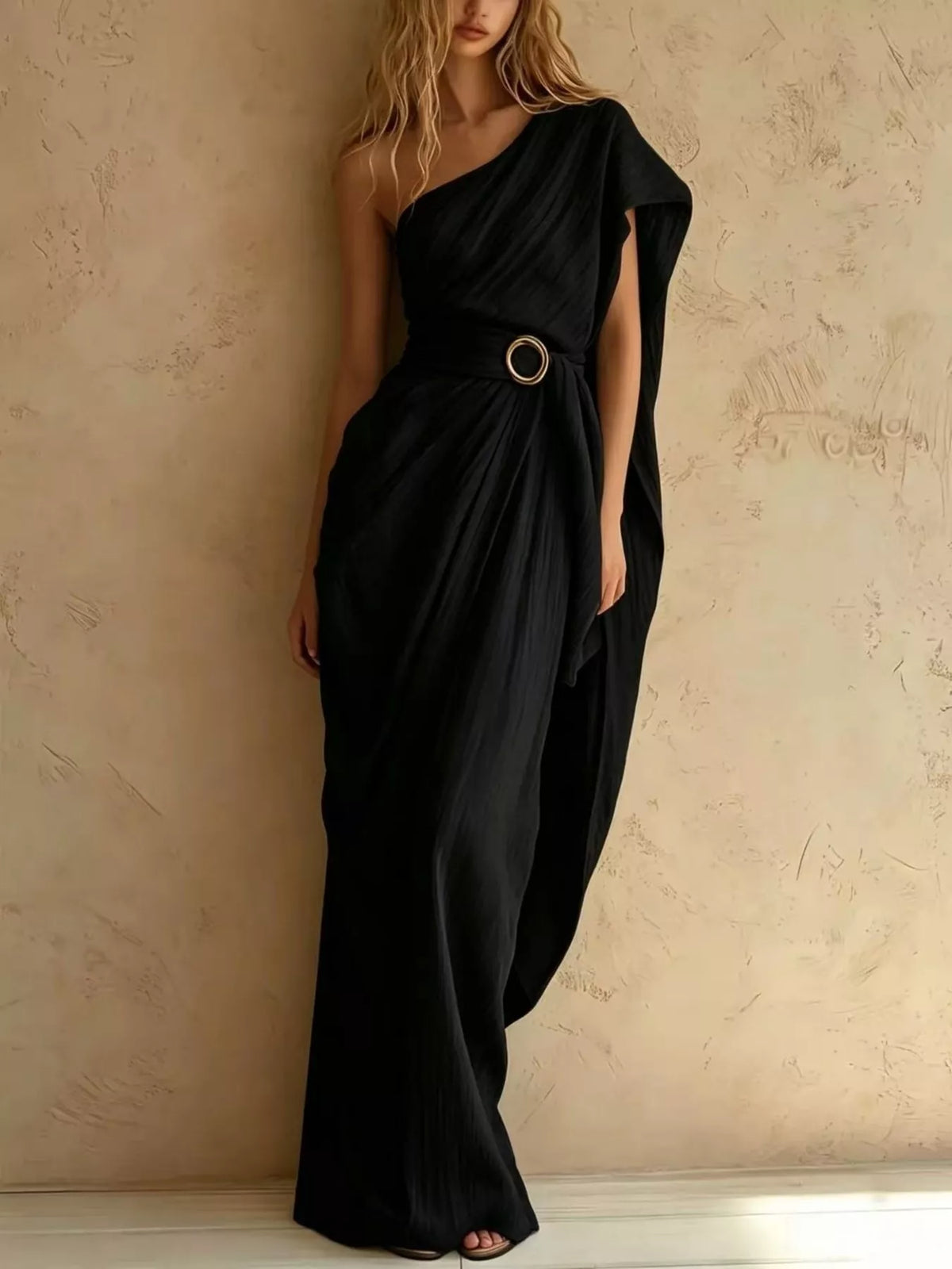 One-Shoulder Draped Maxi Dress with Waist Buckle
