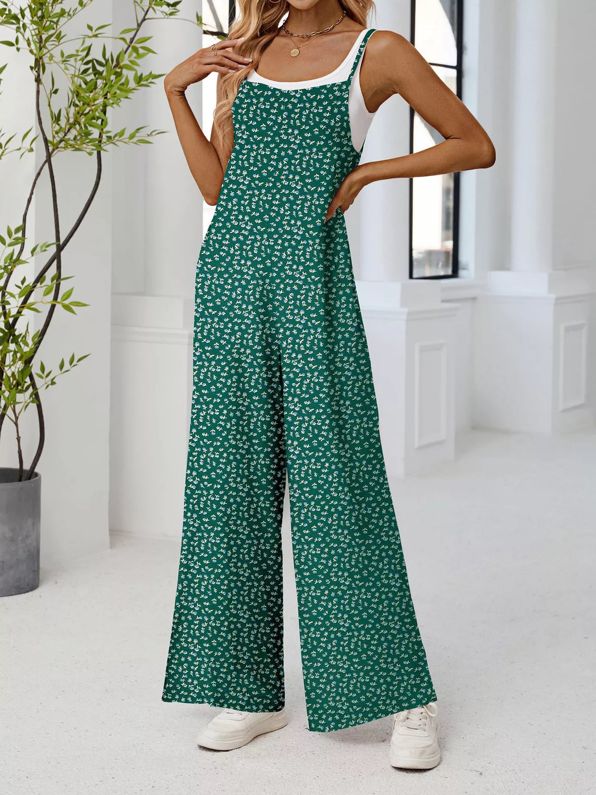 Floral Print Wide-Leg Spaghetti Strap Overalls