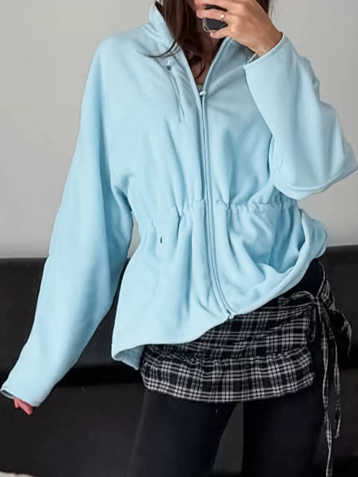 Drawstring Fleece Zip-Up Jacket