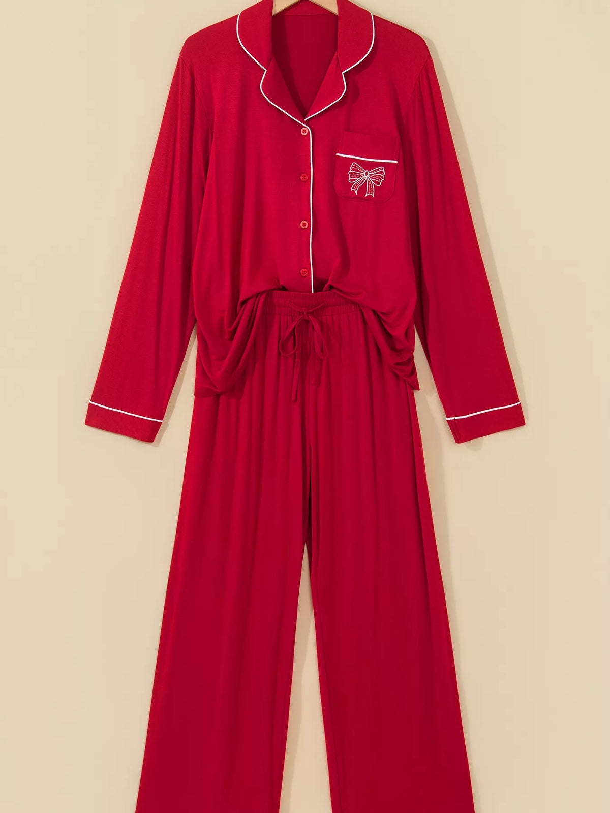 Bow Pocket Long Sleeve Pajama Set in Deep Red