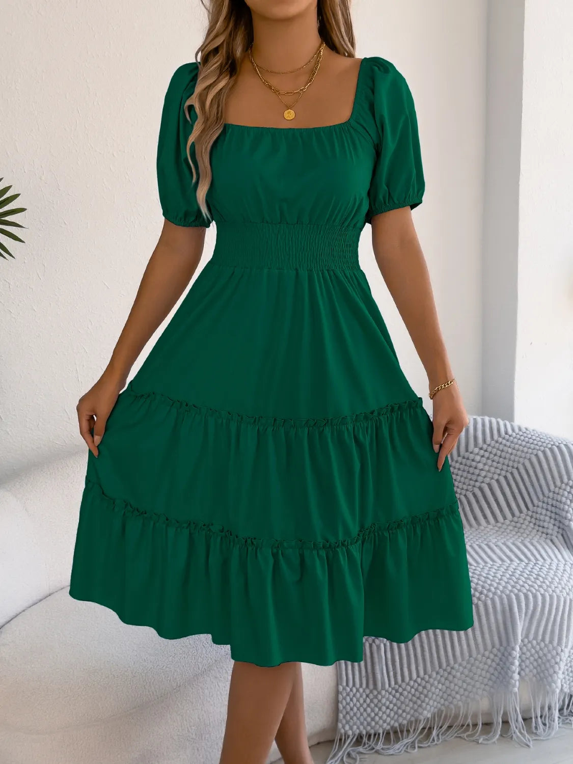 Square Neck Puff Sleeve Smocked Dress