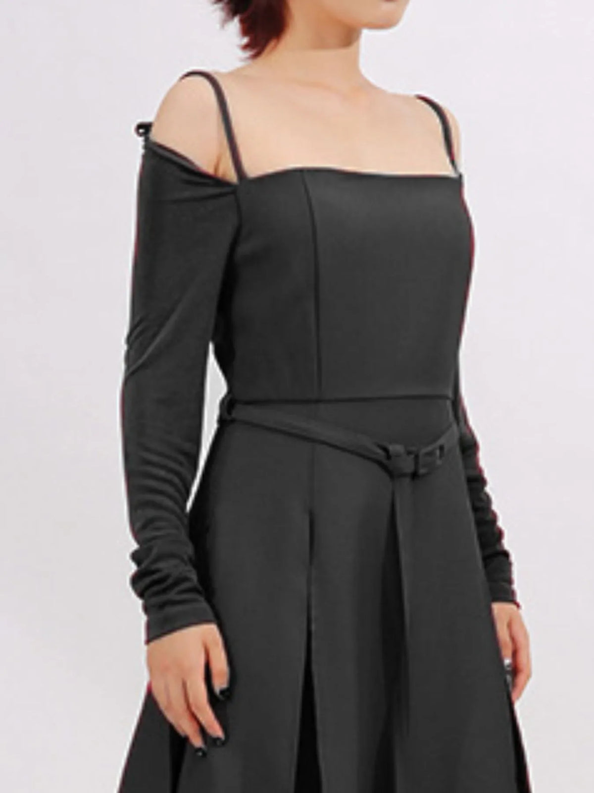 Belted Ruched Slit Long Sleeve Dress