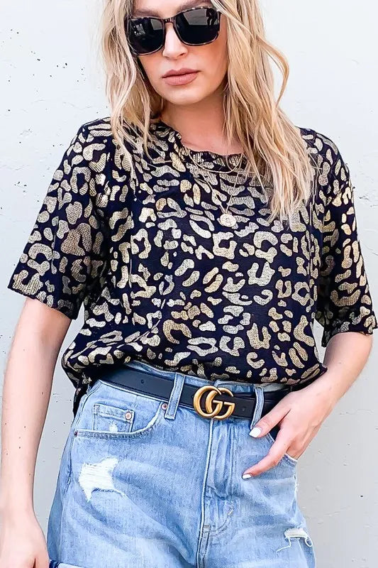 And The Why Leopard Foil-Print Sweater in Black