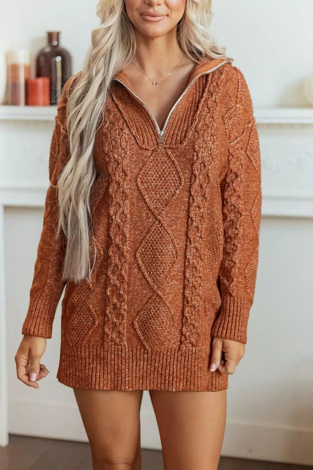 Zip-Up Cable Knit Drop Shoulder Sweater Dress in Caramel