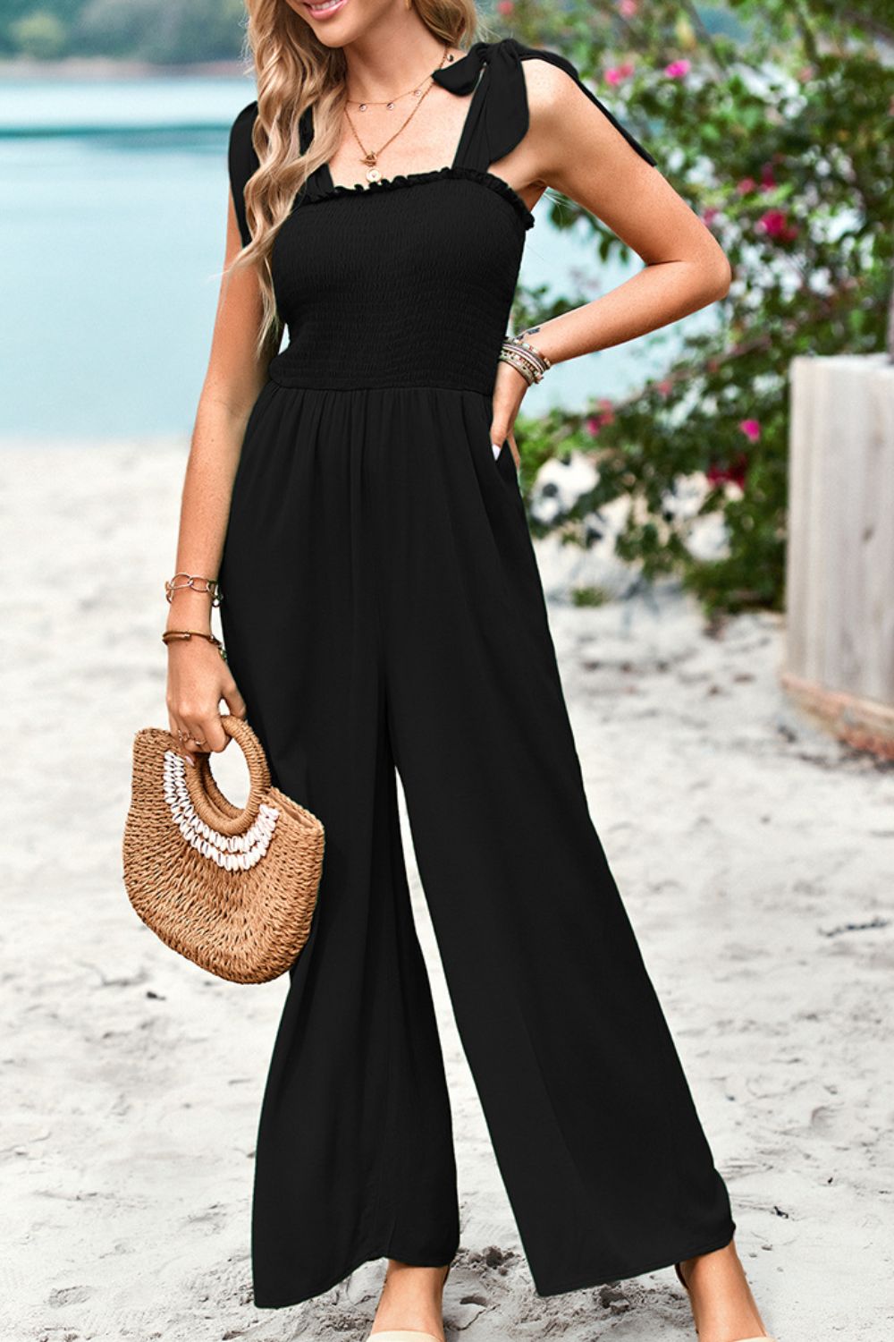 Frill Trim Tie-Shoulder Wide Leg Jumpsuit by DY