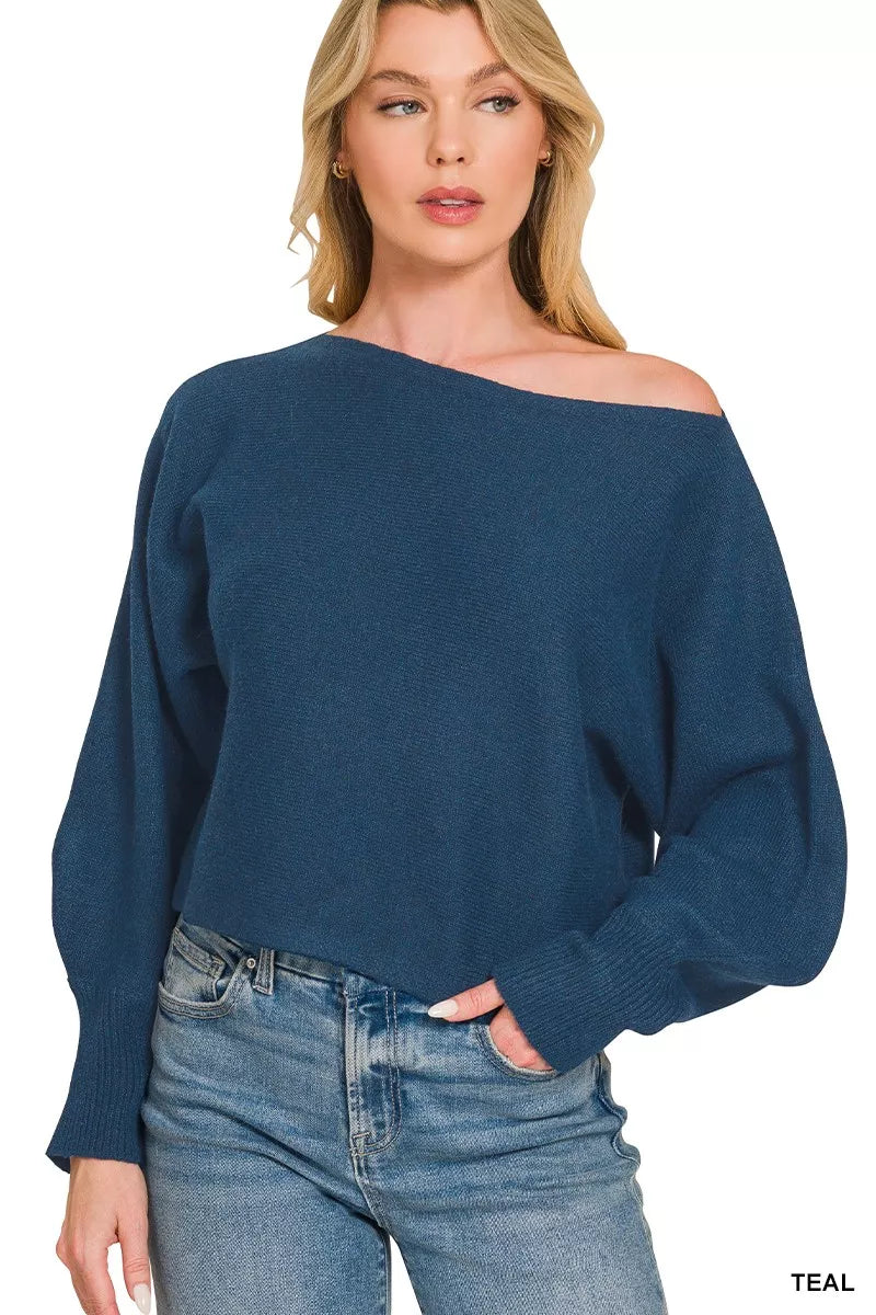 Zenana Boat Neck Balloon Sleeve Sweater in Teal