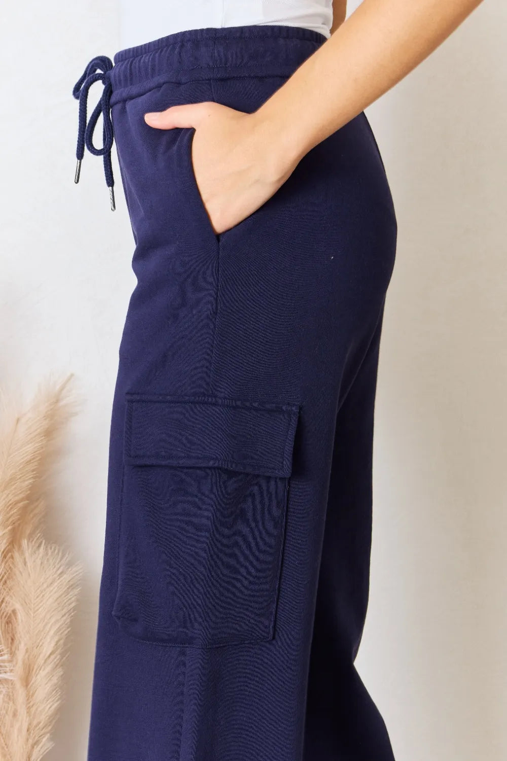 Risen Drawstring Cargo Wide Leg Pants in Dark Blue